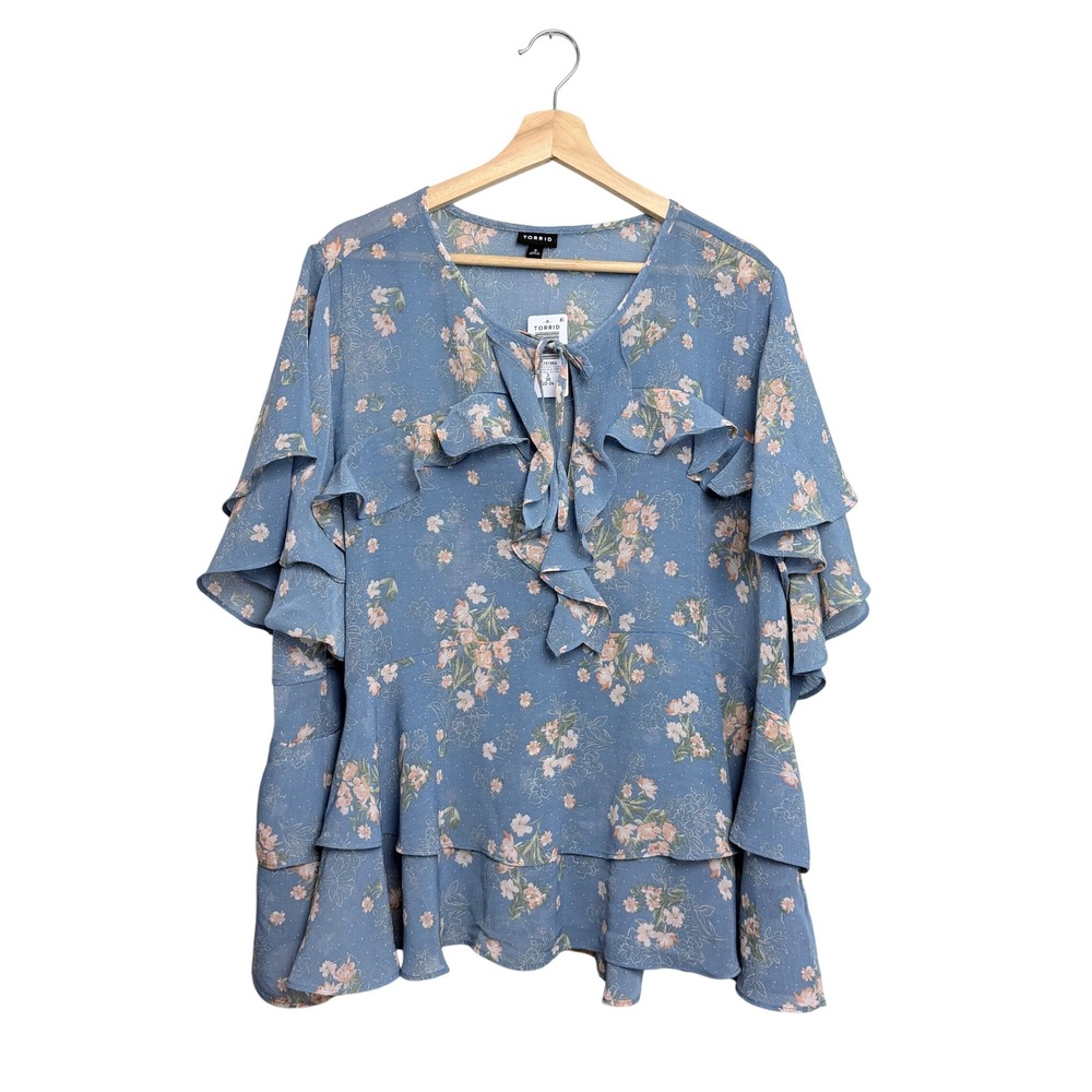 Torrid‎ Aria Floral Blue Horizon Flutter Tie Front Ruffle Tiered Blouse 3 3X NEW